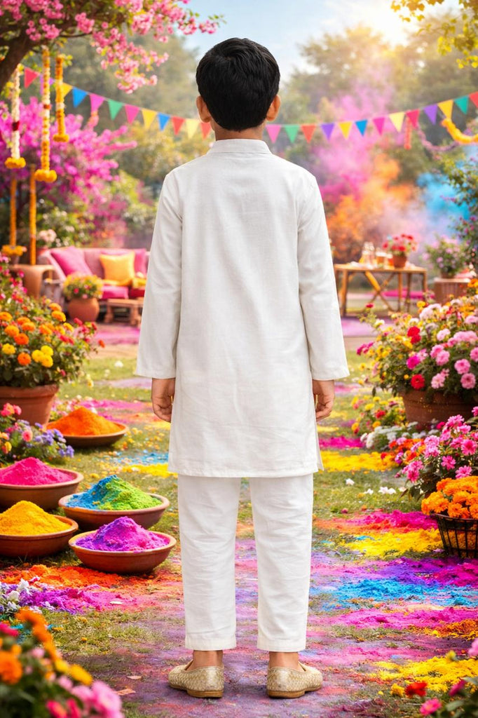 Pspeaches Boys White Ethnic Solid A-Line Cotton Kurta With Pyjamas ( Sku-Kp-White )