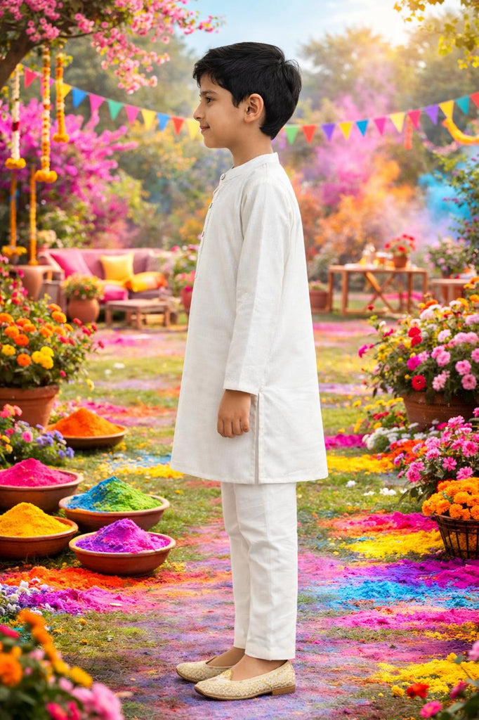 Pspeaches Boys White Ethnic Solid A-Line Cotton Kurta With Pyjamas ( Sku-Kp-White )