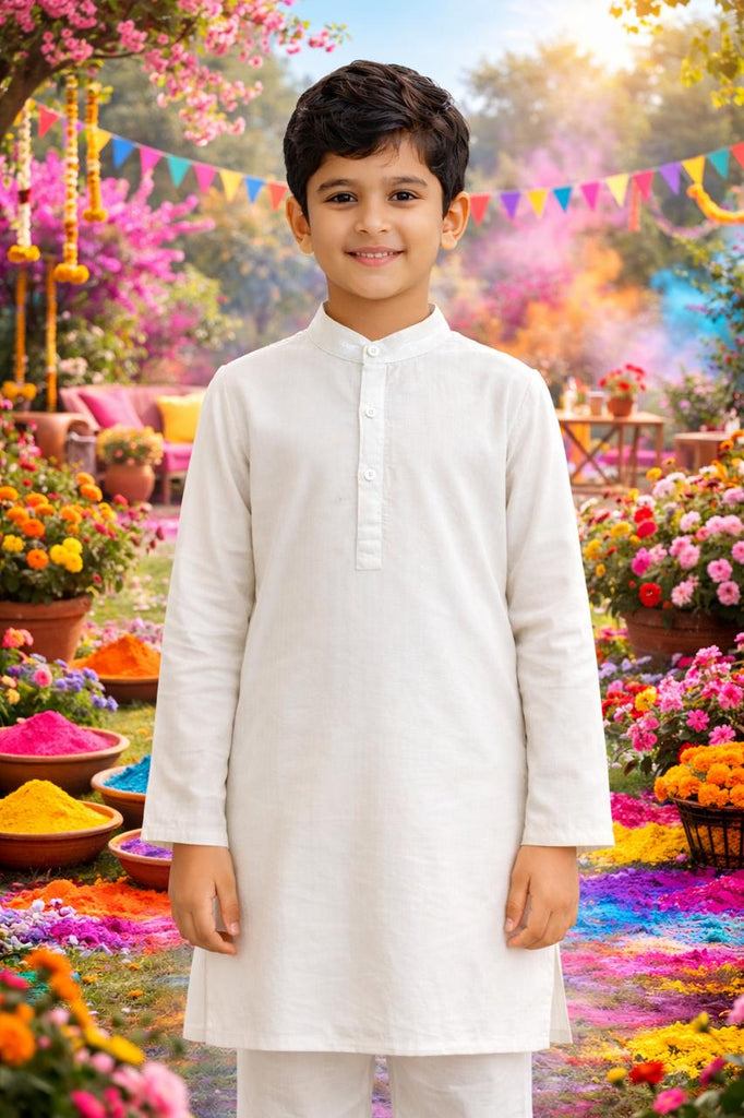 Pspeaches Boys White Ethnic Solid A-Line Cotton Kurta With Pyjamas ( Sku-Kp-White )