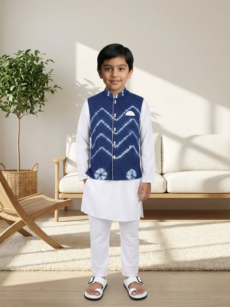 Pspeaches Boys Blue & White Ethnic Solid Straight Fit Cotton Kurta & Pyjamas With  Shibori Jacket ( Sku-Kp-Whiteblueshibori )