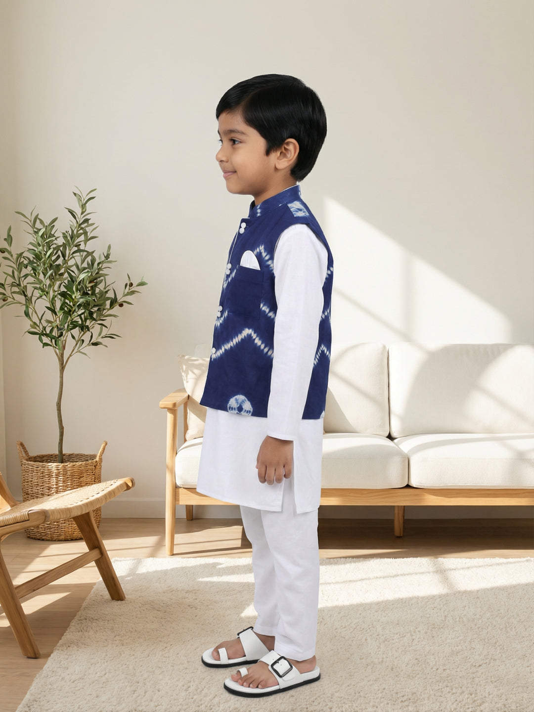 Pspeaches Boys Blue & White Ethnic Solid Straight Fit Cotton Kurta & Pyjamas With  Shibori Jacket ( Sku-Kp-Whiteblueshibori )
