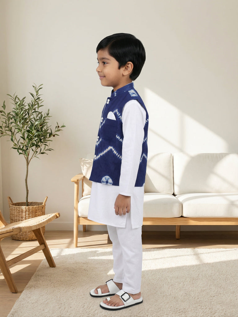 Pspeaches Boys Blue & White Ethnic Solid Straight Fit Cotton Kurta & Pyjamas With  Shibori Jacket ( Sku-Kp-Whiteblueshibori )