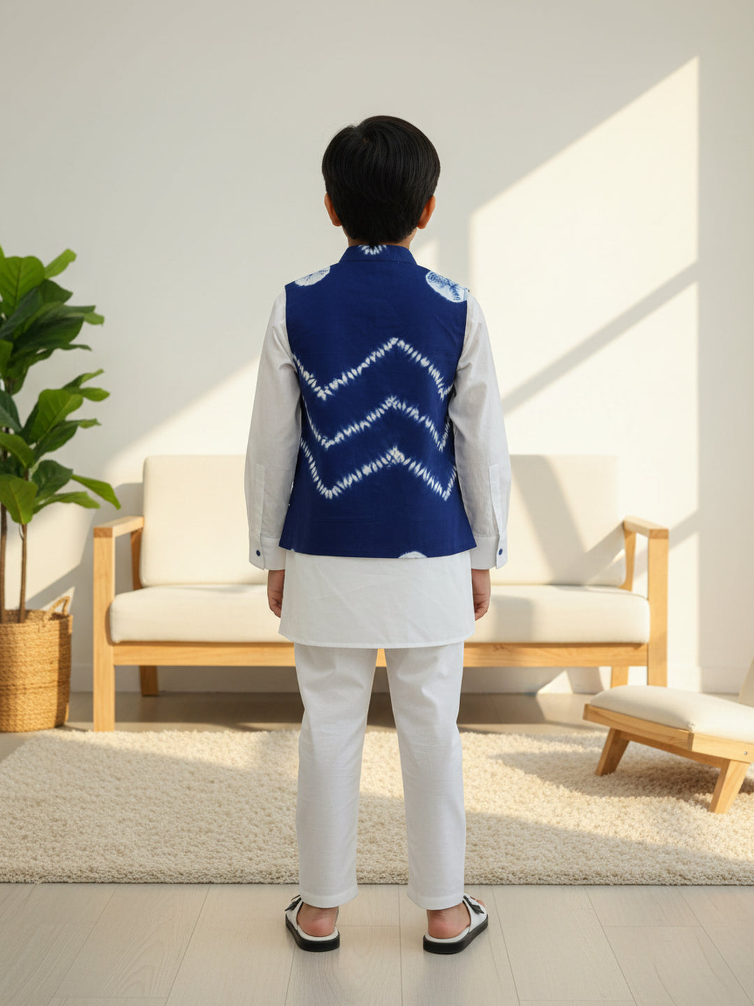 Pspeaches Boys Blue & White Ethnic Solid Straight Fit Cotton Kurta & Pyjamas With  Shibori Jacket ( Sku-Kp-Whiteblueshibori )