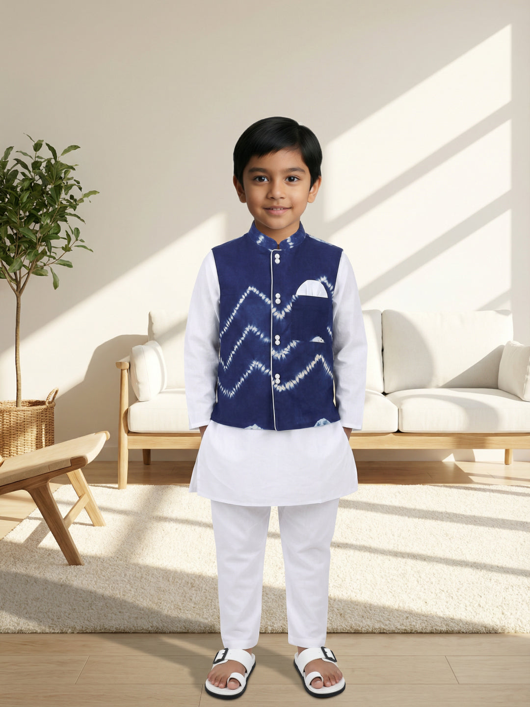 Pspeaches Boys Blue & White Ethnic Solid Straight Fit Cotton Kurta & Pyjamas With  Shibori Jacket ( Sku-Kp-Whiteblueshibori )