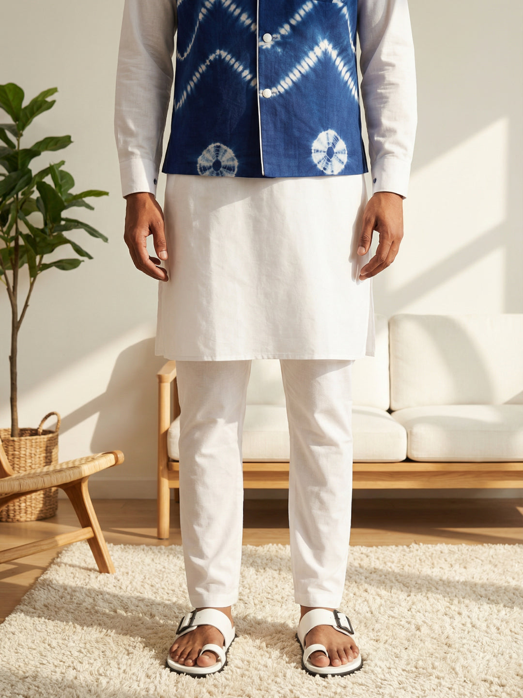 Pspeaches Boys Blue & White Ethnic Solid Straight Fit Cotton Kurta & Pyjamas With  Shibori Jacket ( Sku-Kp-Whiteblueshibori )