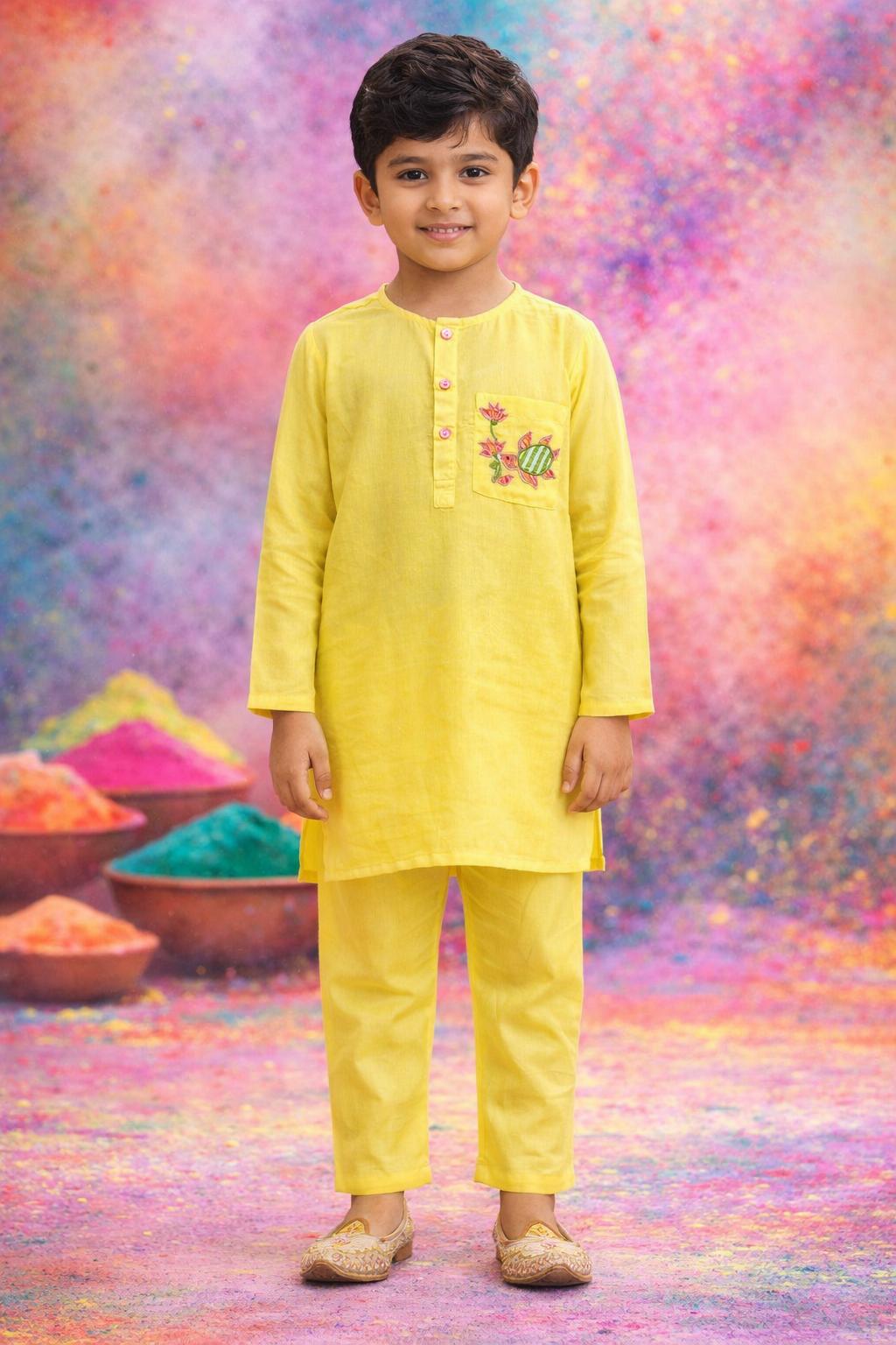 Pspeaches Boys Yellow Ethnic Solid Straight Fit Rayon Kurta With Pyjamas Featuring Pocket Embroidery (SKU-KP-YellowRayon)