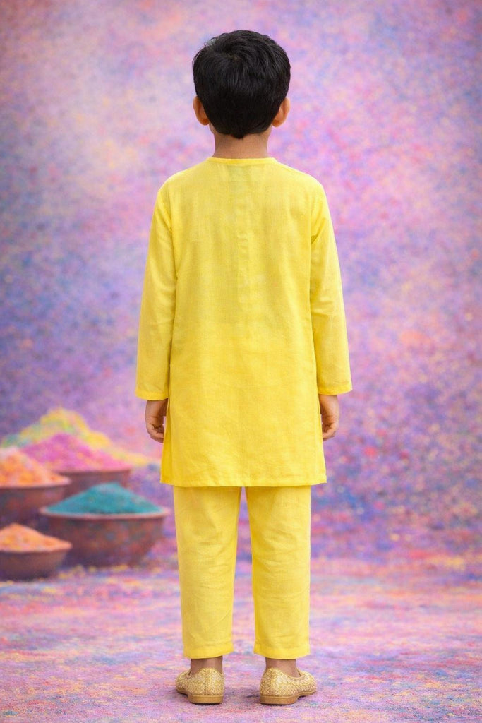 Pspeaches Boys Yellow Ethnic Solid Straight Fit Rayon Kurta With Pyjamas Featuring Pocket Embroidery (SKU-KP-YellowRayon)