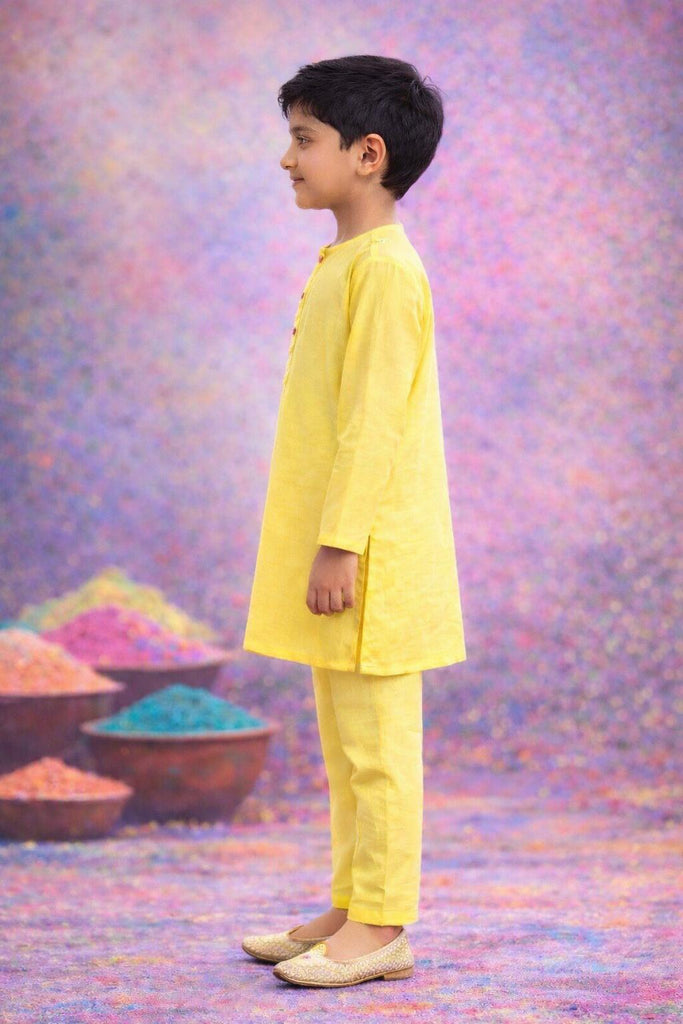 Pspeaches Boys Yellow Ethnic Solid Straight Fit Rayon Kurta With Pyjamas Featuring Pocket Embroidery (SKU-KP-YellowRayon)
