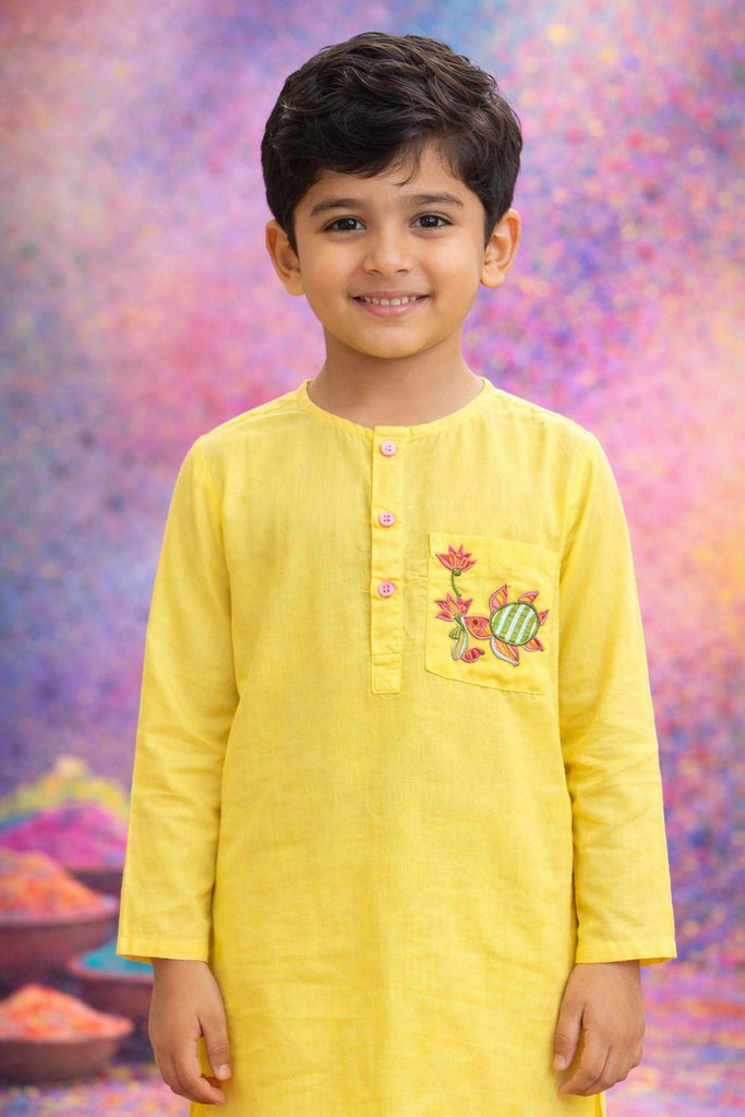 Pspeaches Boys Yellow Ethnic Solid Straight Fit Rayon Kurta With Pyjamas Featuring Pocket Embroidery (SKU-KP-YellowRayon)
