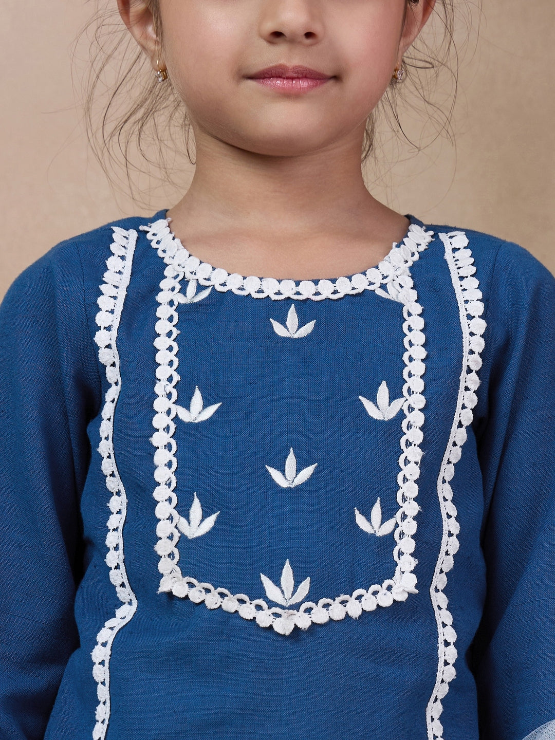Girls Floral Yoke Design Regular Kurta With Trousers Dupatta (KS-BLUEEMB)