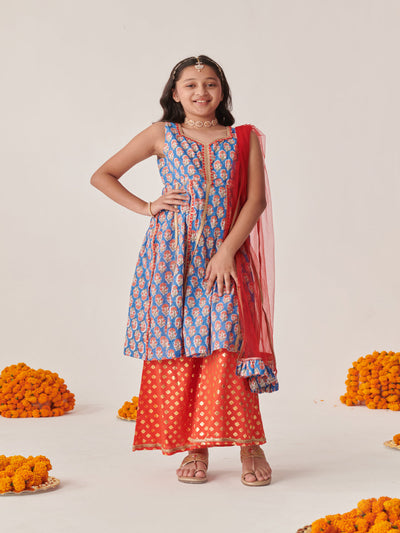 Girls Floral Printed Empire Gotta Patti Kurta With Palazzos With Dupatta (KS-BLUEORANGEFOIL)