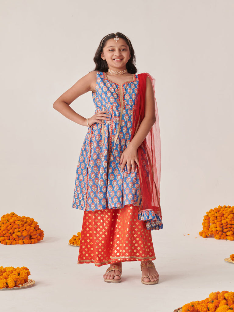 Girls Floral Printed Empire Gotta Patti Kurta With Palazzos With Dupatta (KS-BLUEORANGEFOIL)