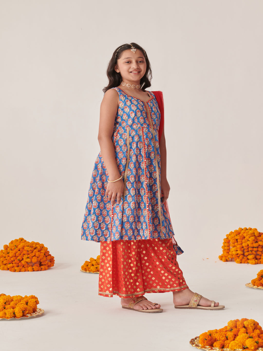 Girls Floral Printed Empire Gotta Patti Kurta With Palazzos With Dupatta (KS-BLUEORANGEFOIL)
