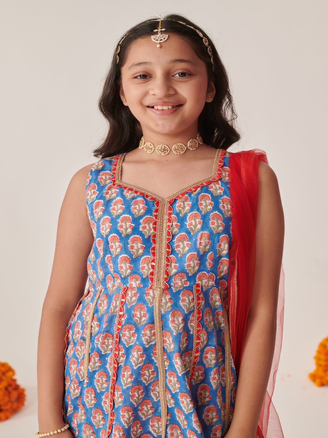 Girls Floral Printed Empire Gotta Patti Kurta With Palazzos With Dupatta (KS-BLUEORANGEFOIL)