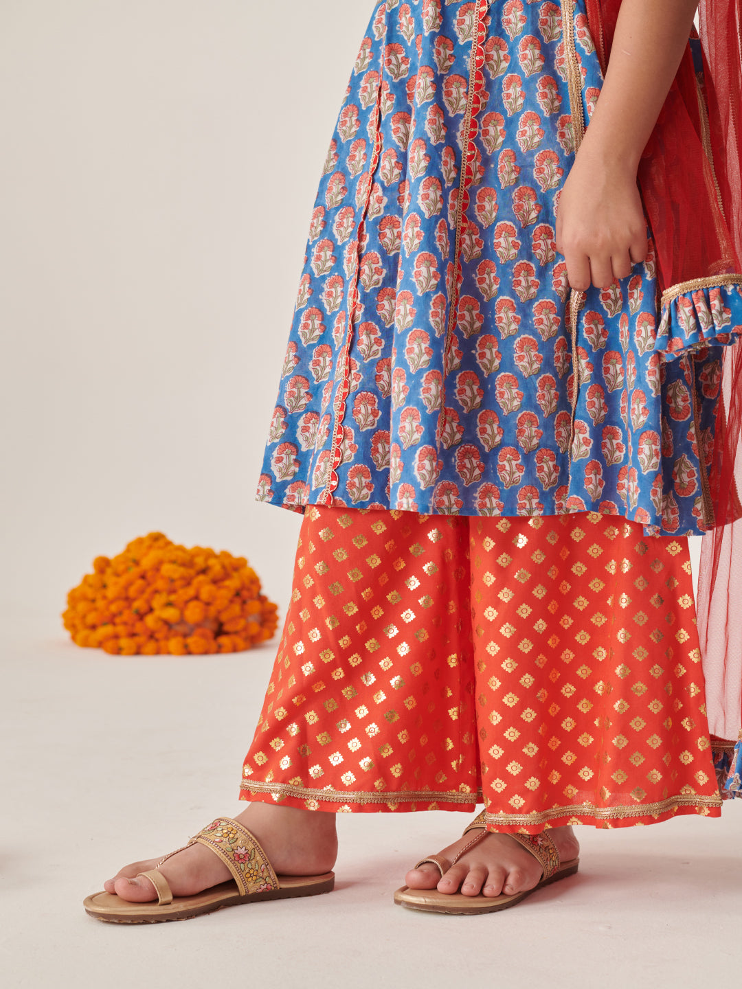 Girls Floral Printed Empire Gotta Patti Kurta With Palazzos With Dupatta (KS-BLUEORANGEFOIL)