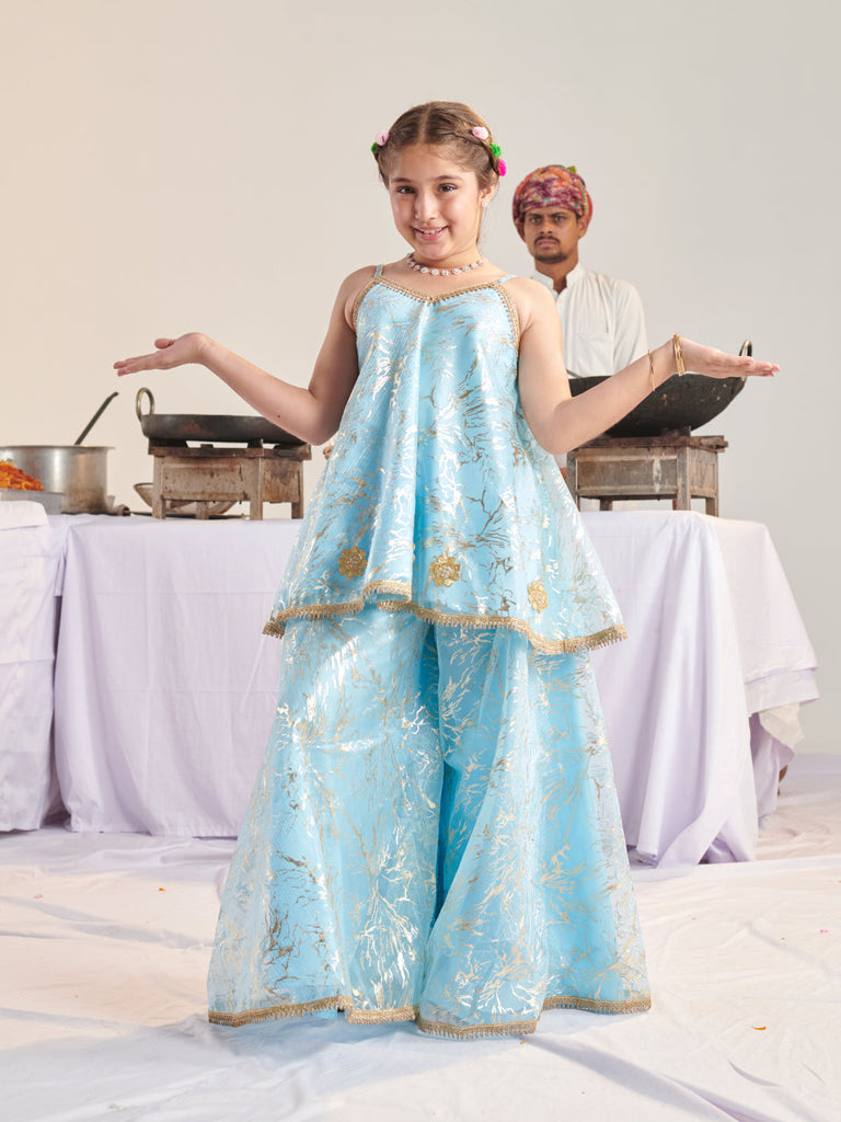 Girls Printed Regular Kurta With Palazzos (KS-BLUESHIMMARI)