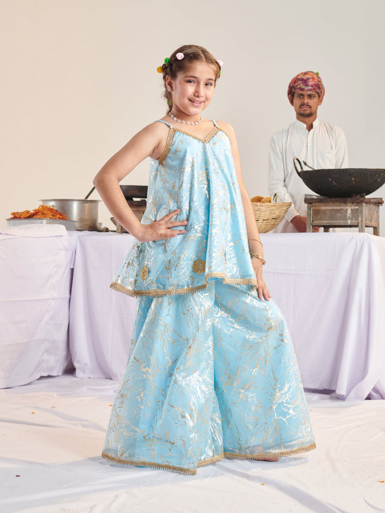 Girls Printed Regular Kurta With Palazzos (KS-BLUESHIMMARI)