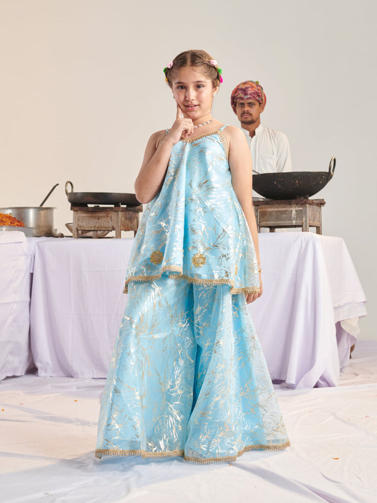 Girls Printed Regular Kurta With Palazzos (KS-BLUESHIMMARI)