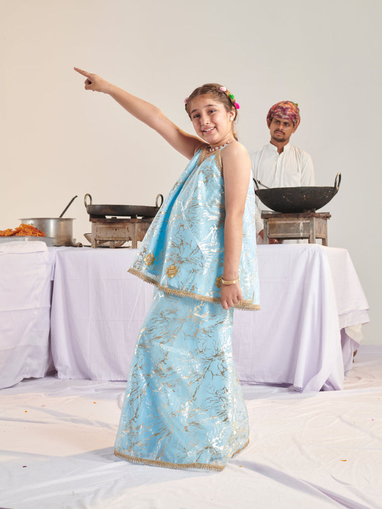 Girls Printed Regular Kurta With Palazzos (KS-BLUESHIMMARI)