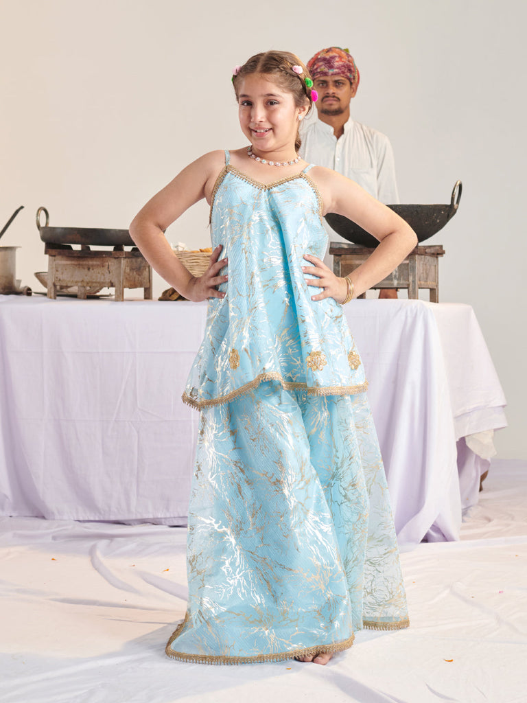 Girls Printed Regular Kurta With Palazzos (KS-BLUESHIMMARI)