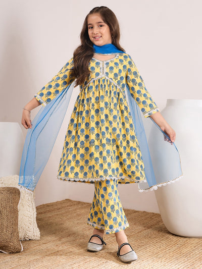Girls Floral Printed Empire A-Line Pure Cotton Kurta with Trousers & Dupatta (KS-BLUESUNFLOWER)