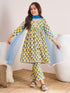 Girls Floral Printed Empire A-Line Pure Cotton Kurta with Trousers & Dupatta (KS-BLUESUNFLOWER)