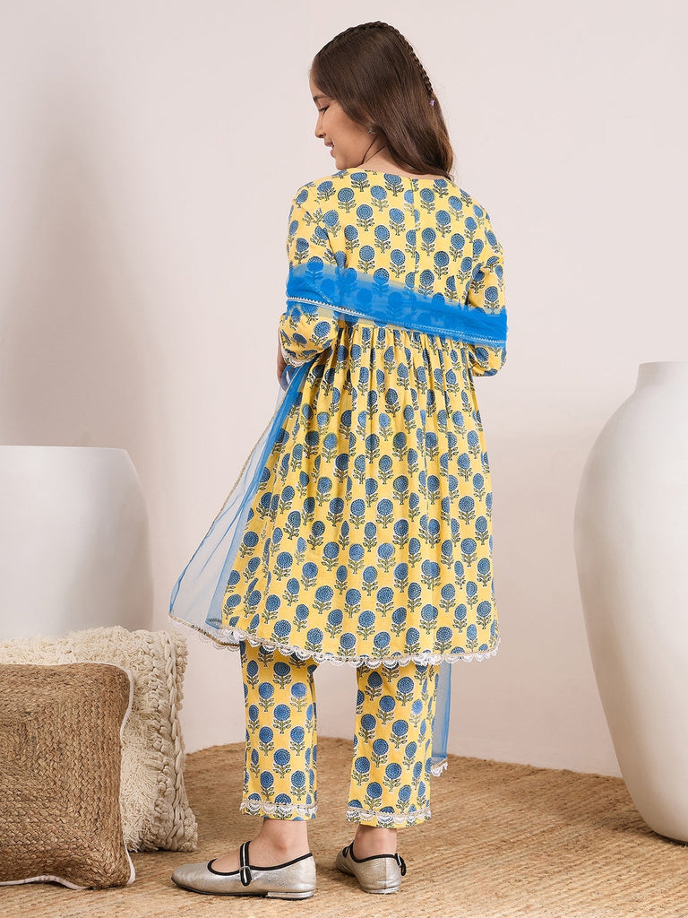 Girls Floral Printed Empire A-Line Pure Cotton Kurta with Trousers & Dupatta (KS-BLUESUNFLOWER)