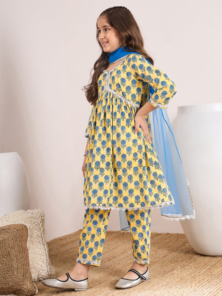 Girls Floral Printed Empire A-Line Pure Cotton Kurta with Trousers & Dupatta (KS-BLUESUNFLOWER)