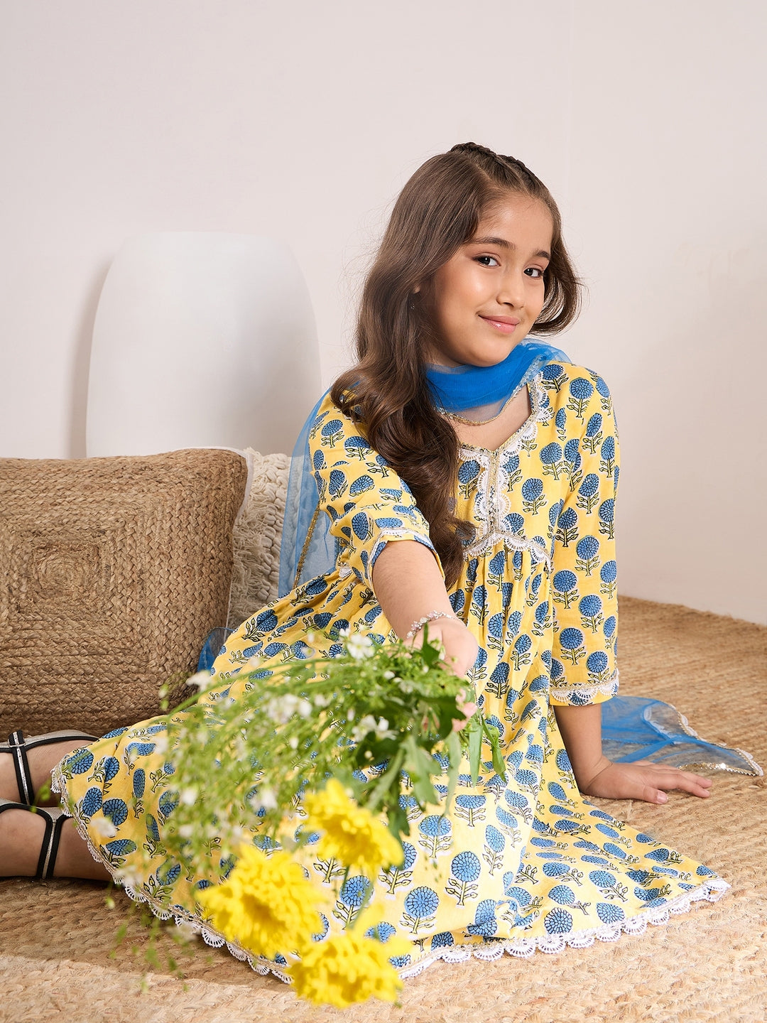 Girls Floral Printed Empire A-Line Pure Cotton Kurta with Trousers & Dupatta (KS-BLUESUNFLOWER)