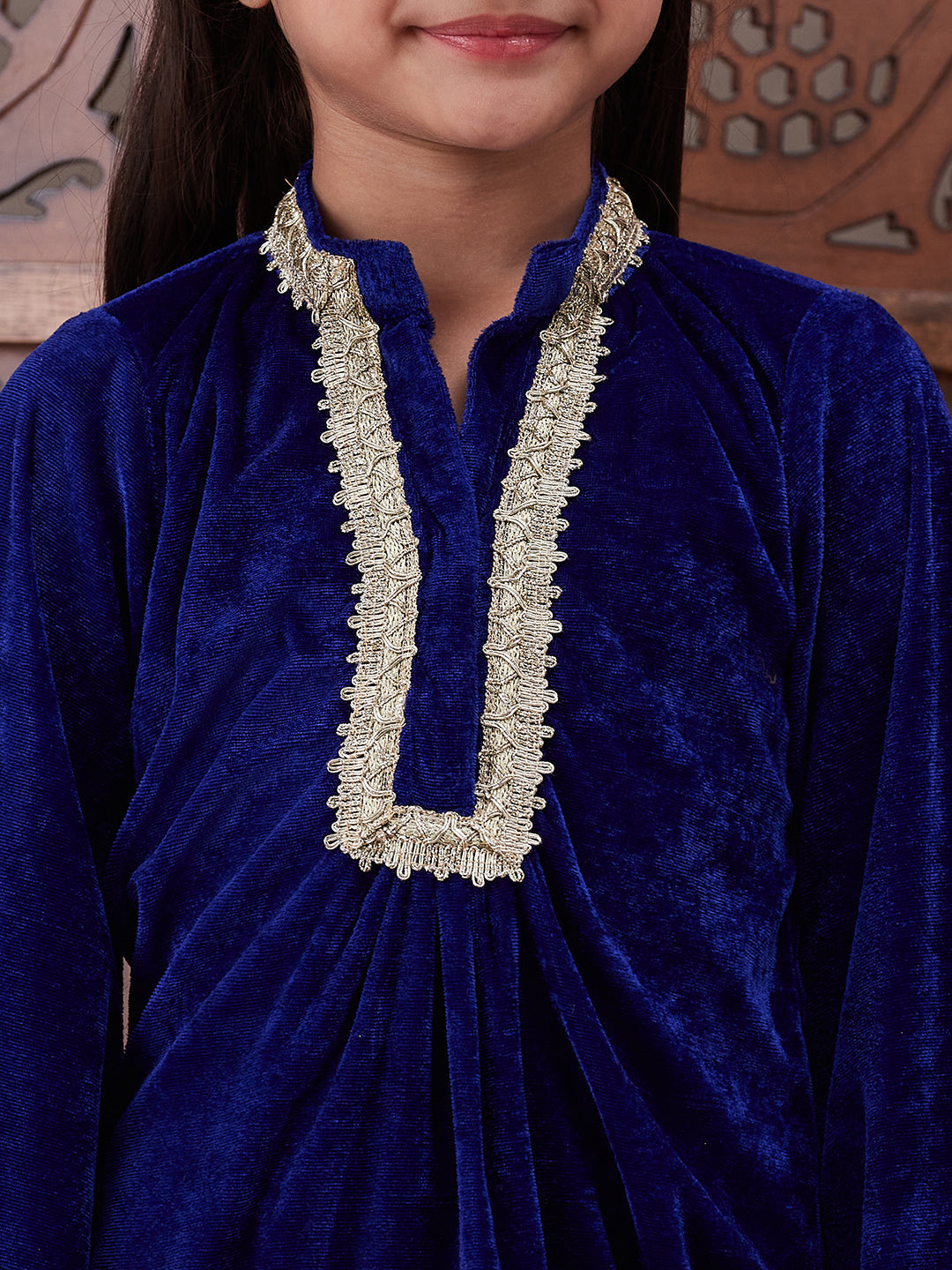 Girls Yoke Design Mandarin Collar Regular Gotta Patti Velvet Kurta with Salwar (KS-BLUEVELVET)