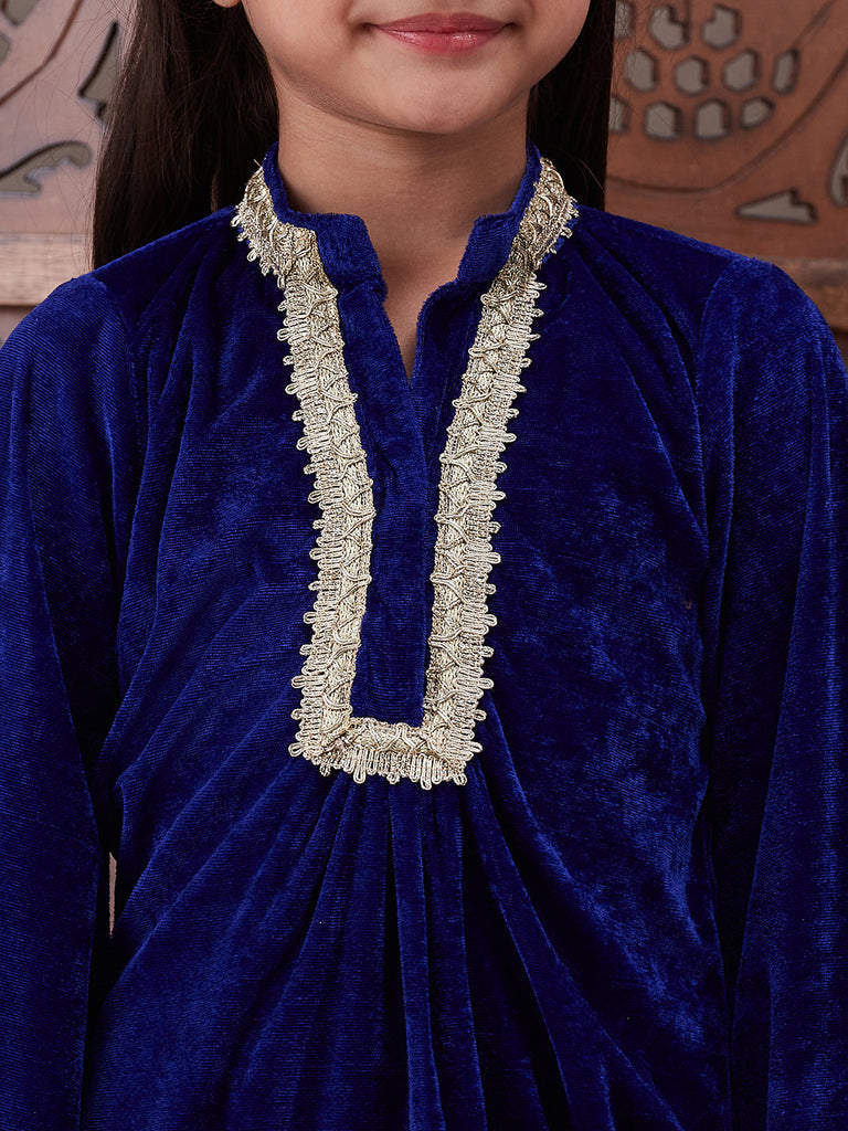 Girls Yoke Design Mandarin Collar Regular Gotta Patti Velvet Kurta with Salwar (KS-BLUEVELVET)