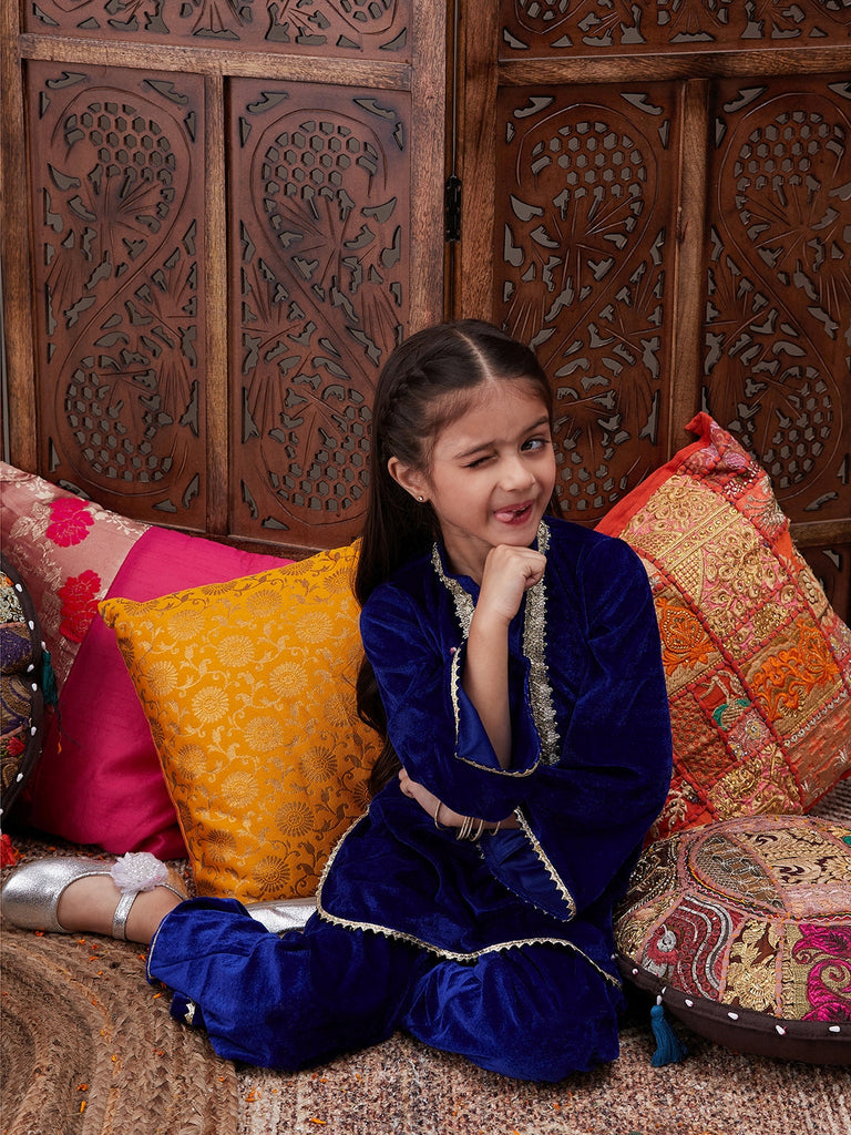 Girls Yoke Design Mandarin Collar Regular Gotta Patti Velvet Kurta with Salwar (KS-BLUEVELVET)