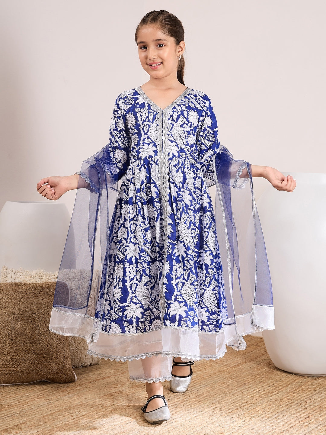 Girls Floral Printed A-Line Pure Cotton Kurta with Palazzos & Dupatta (KS-BLUEWHITEORGANZA)