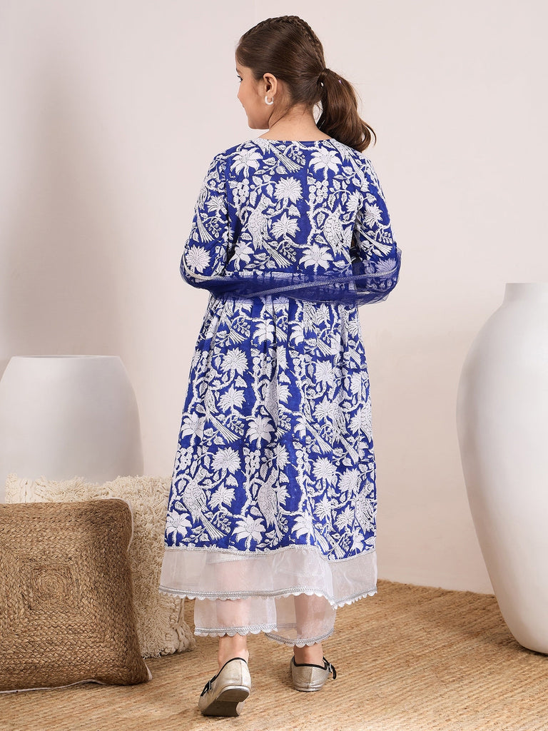 Girls Floral Printed A-Line Pure Cotton Kurta with Palazzos & Dupatta (KS-BLUEWHITEORGANZA)