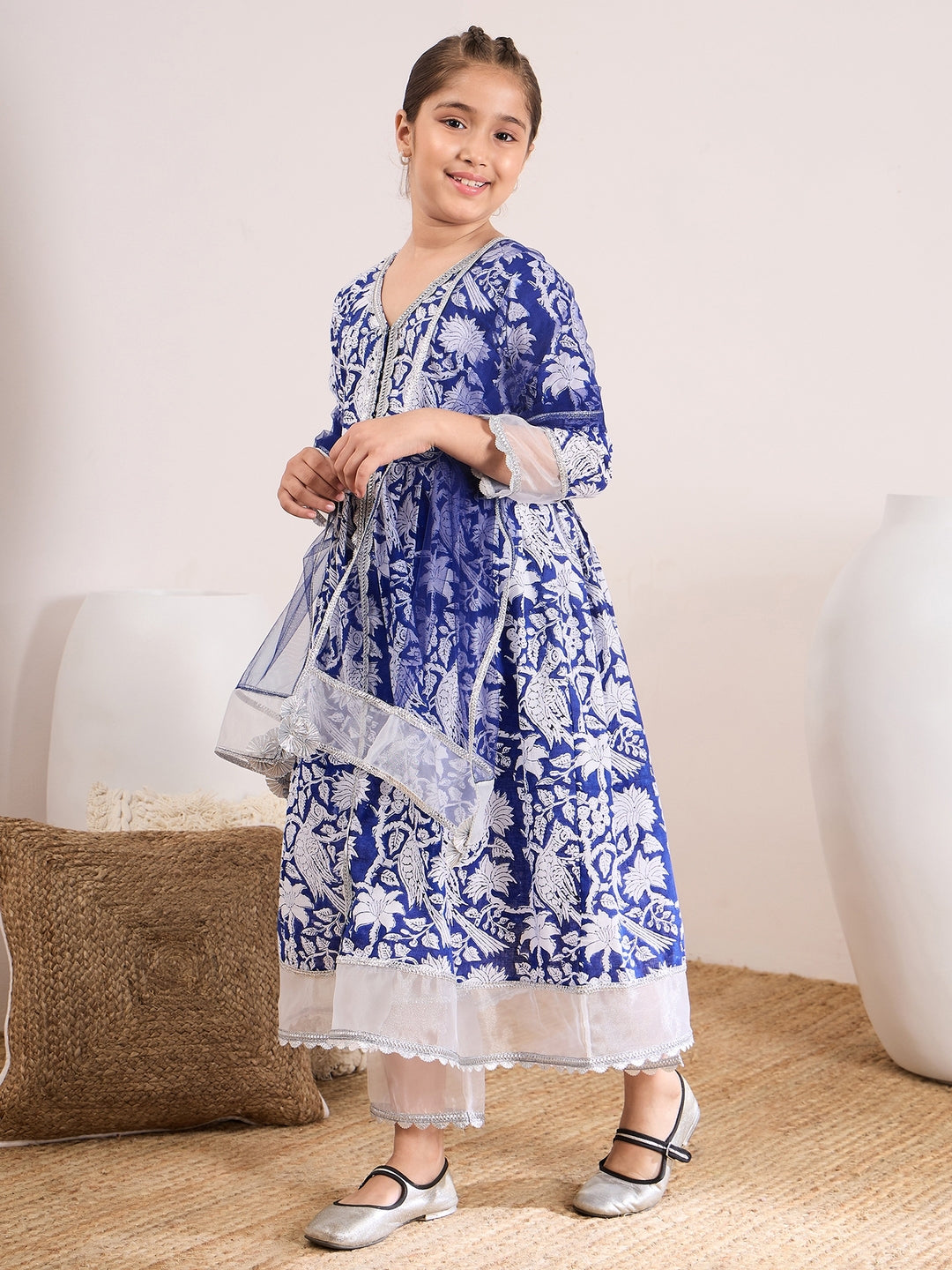 Girls Floral Printed A-Line Pure Cotton Kurta with Palazzos & Dupatta (KS-BLUEWHITEORGANZA)