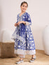 Girls Floral Printed A-Line Pure Cotton Kurta with Palazzos & Dupatta (KS-BLUEWHITEORGANZA)