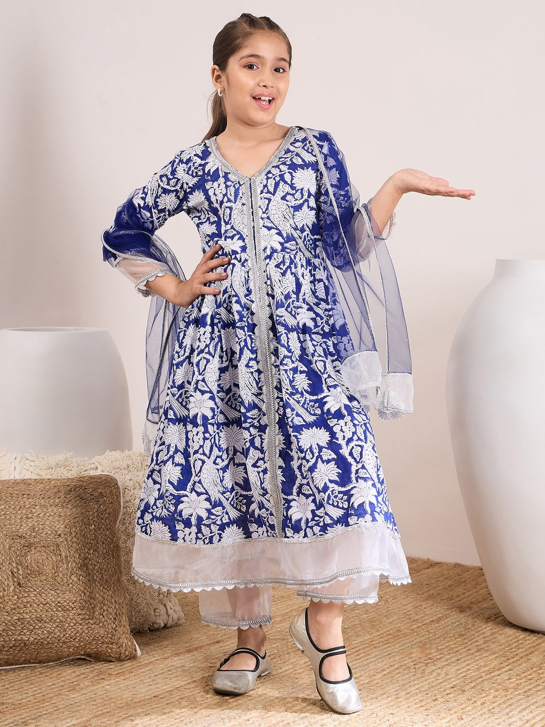 Girls Floral Printed A-Line Pure Cotton Kurta with Palazzos & Dupatta (KS-BLUEWHITEORGANZA)