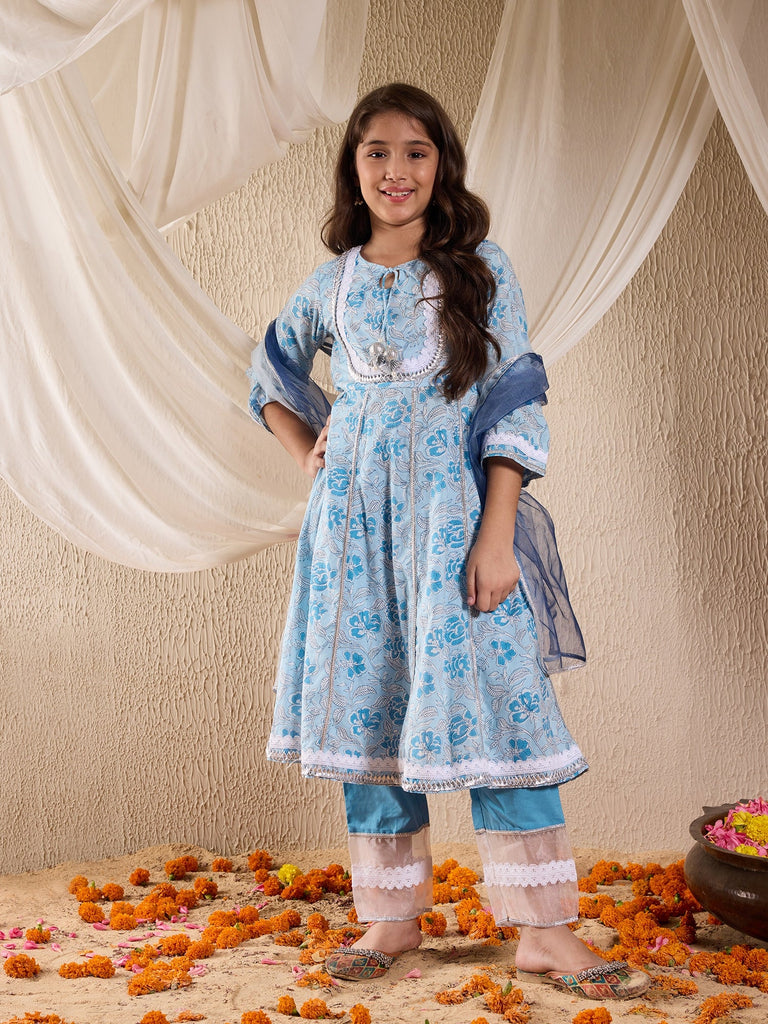 Girls Floral Printed Regular Kurta With Pyjamas With Dupatta (KS-FIROZIJAAL)