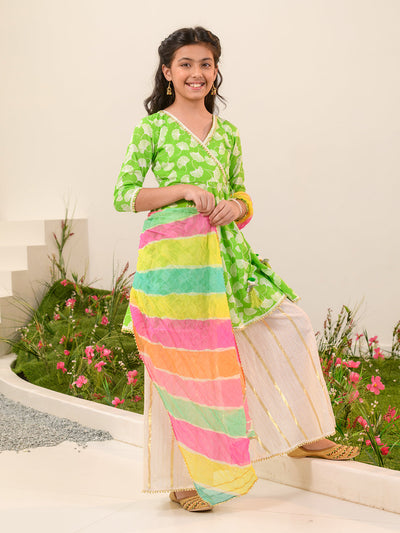 Girls Floral Printed Angrakha Gotta Patti Cotton Kurti With Sharara Dupatta (KS-GREENOFFWHITELUREX)