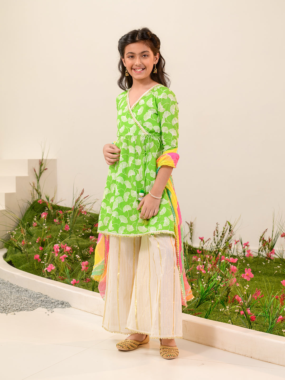 Girls Floral Printed Angrakha Gotta Patti Cotton Kurti With Sharara Dupatta (KS-GREENOFFWHITELUREX)