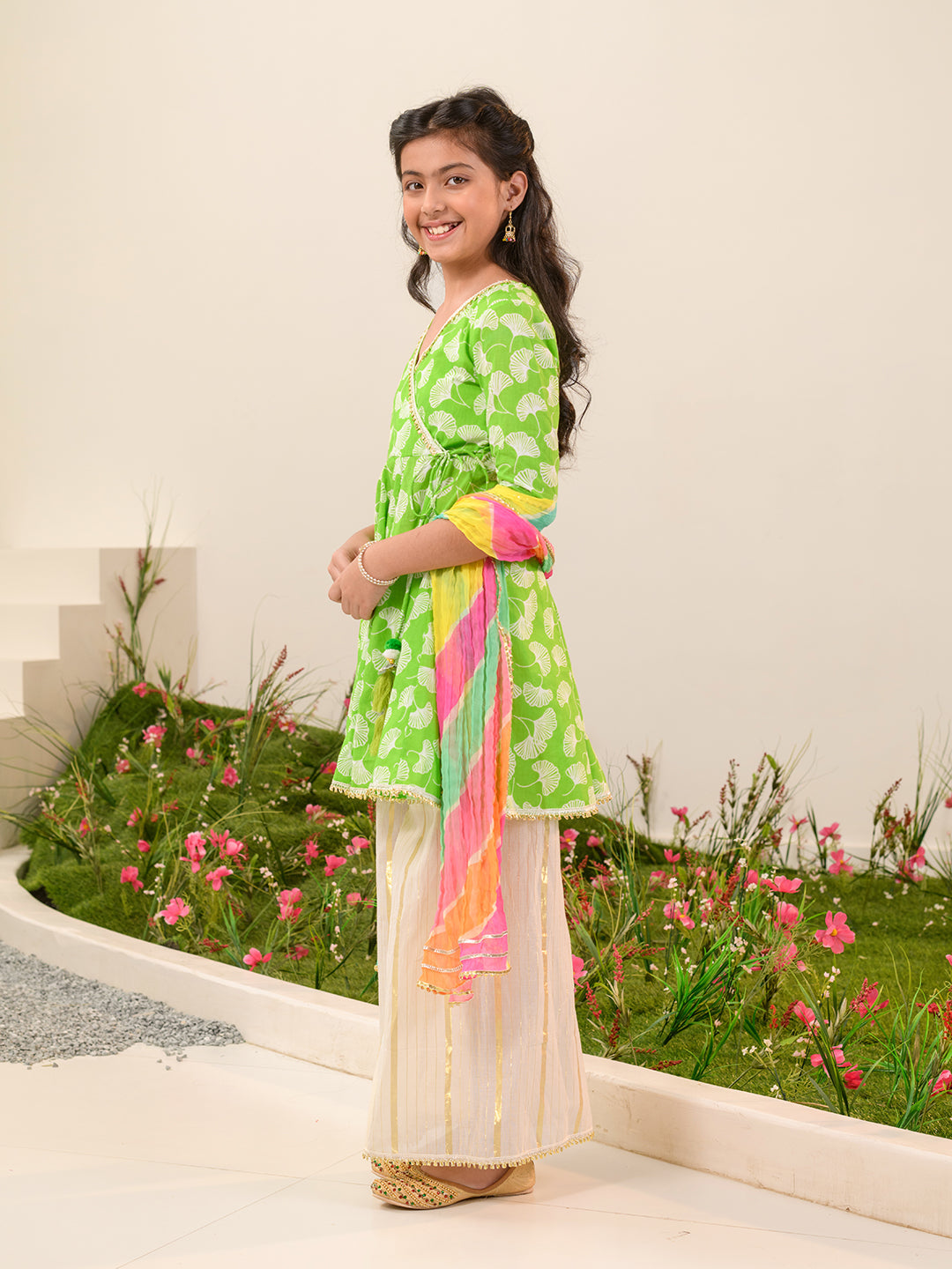 Girls Floral Printed Angrakha Gotta Patti Cotton Kurti With Sharara Dupatta (KS-GREENOFFWHITELUREX)
