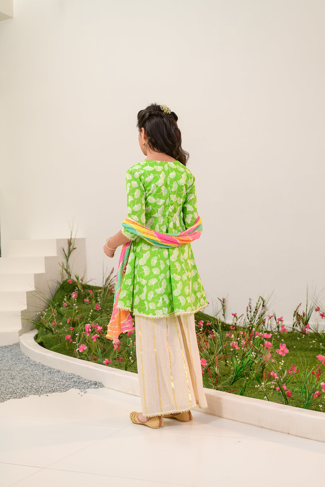 Girls Floral Printed Angrakha Gotta Patti Cotton Kurti With Sharara Dupatta (KS-GREENOFFWHITELUREX)