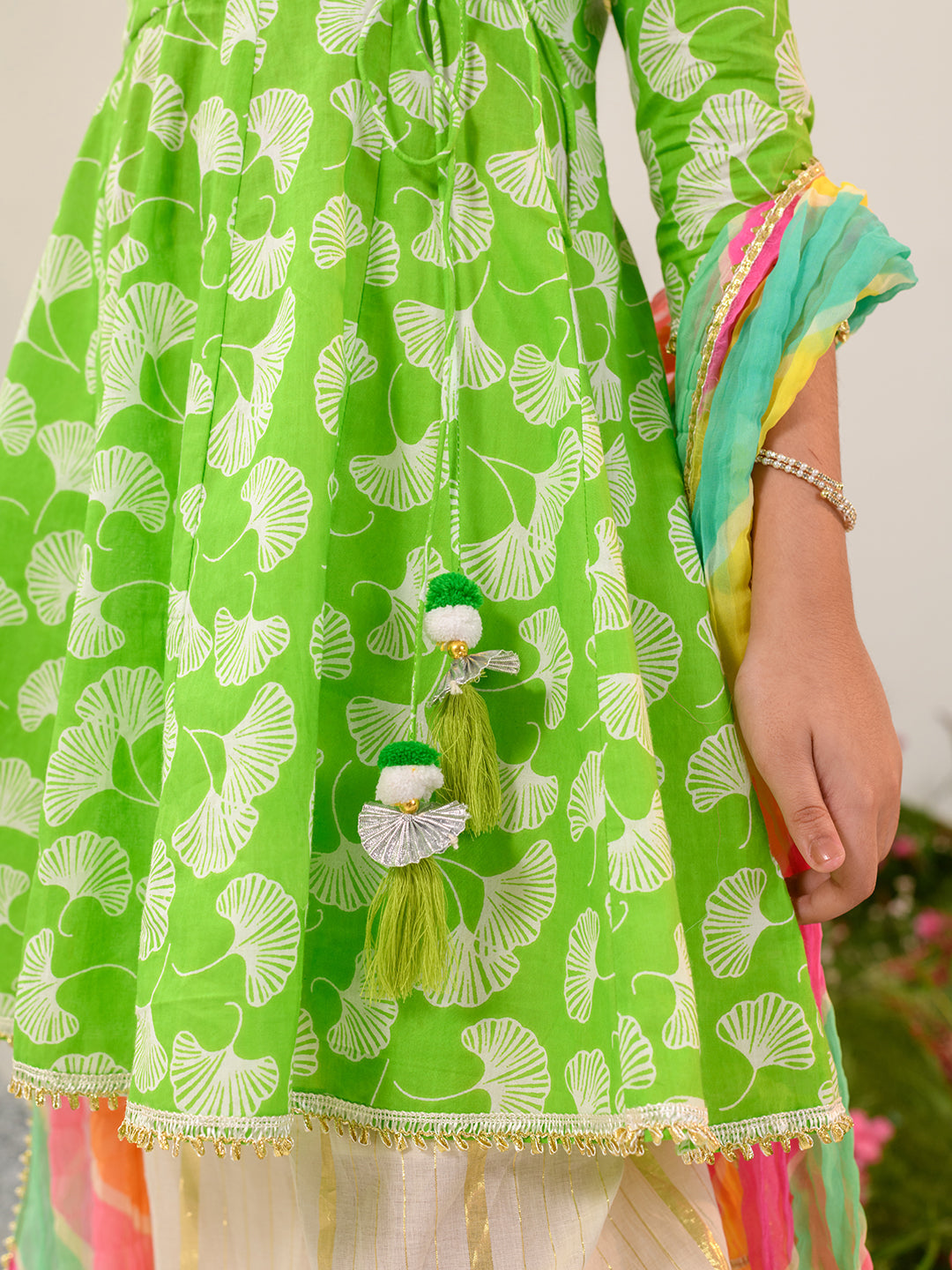 Girls Floral Printed Angrakha Gotta Patti Cotton Kurti With Sharara Dupatta (KS-GREENOFFWHITELUREX)