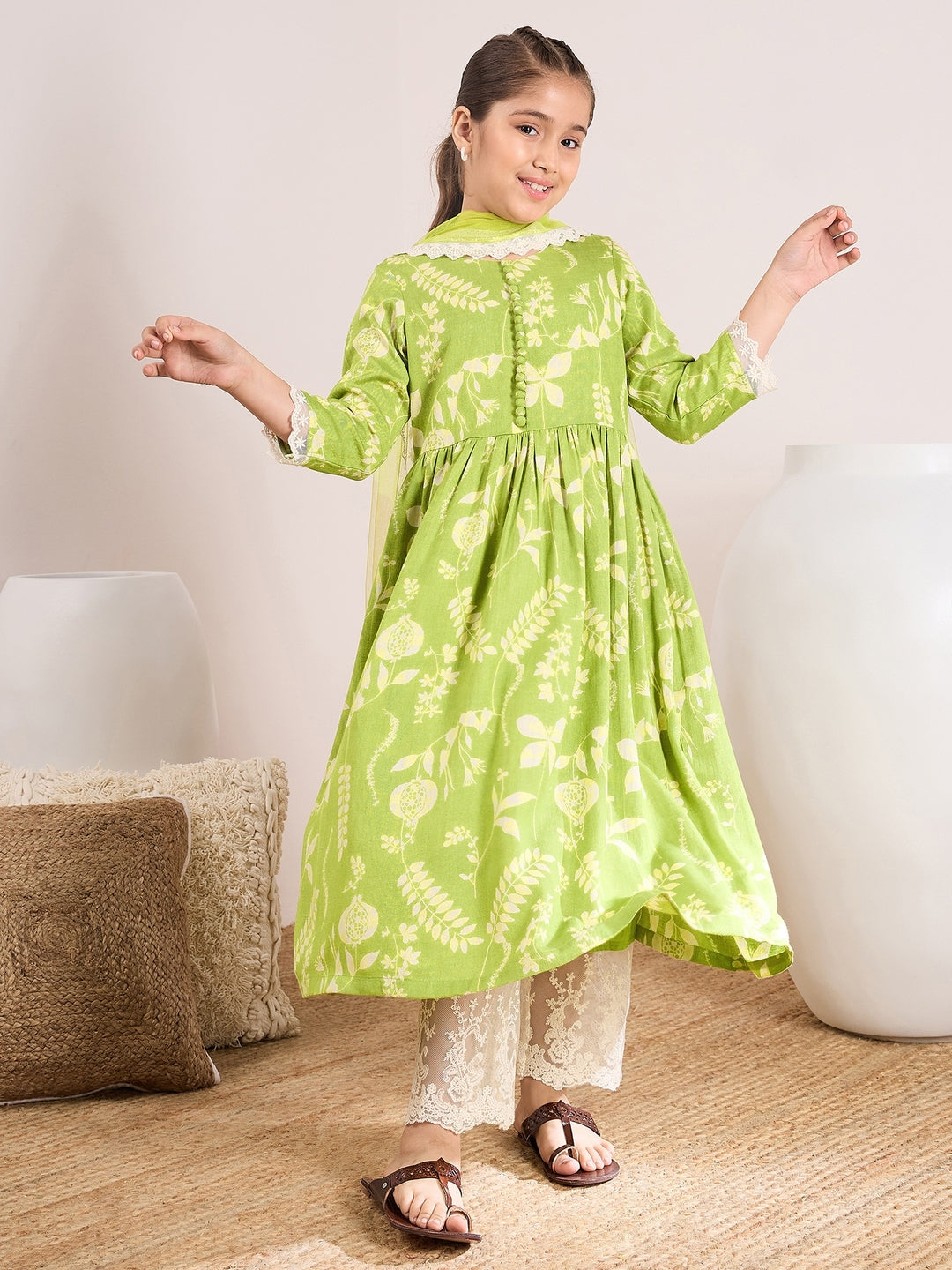 Girls Floral Printed A-Line Empire Kurta with Trousers & Dupatta (KS-GREENSLUBFLORAL)