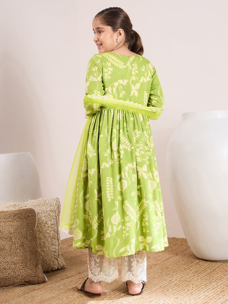 Girls Floral Printed A-Line Empire Kurta with Trousers & Dupatta (KS-GREENSLUBFLORAL)