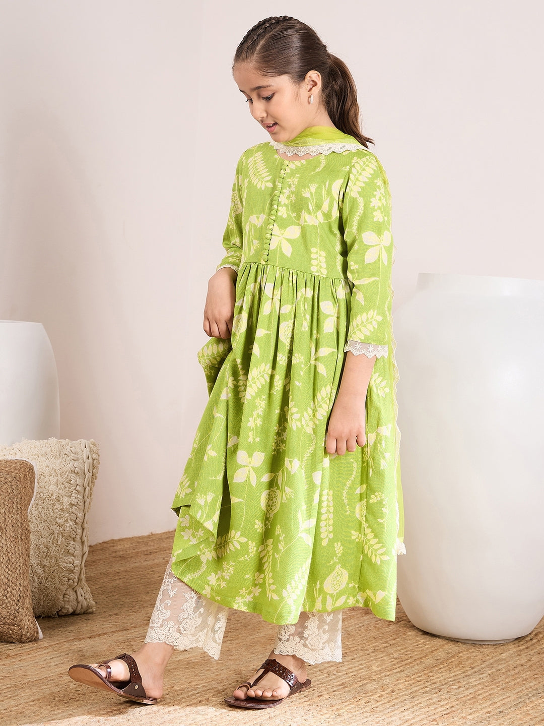 Girls Floral Printed A-Line Empire Kurta with Trousers & Dupatta (KS-GREENSLUBFLORAL)