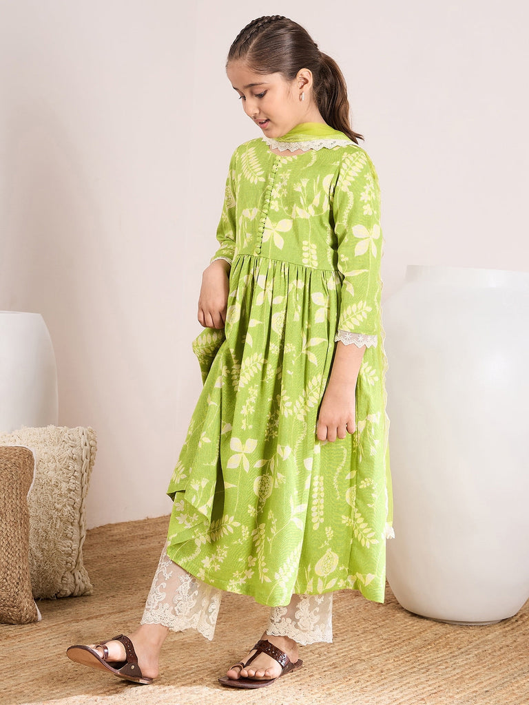 Girls Floral Printed A-Line Empire Kurta with Trousers & Dupatta (KS-GREENSLUBFLORAL)