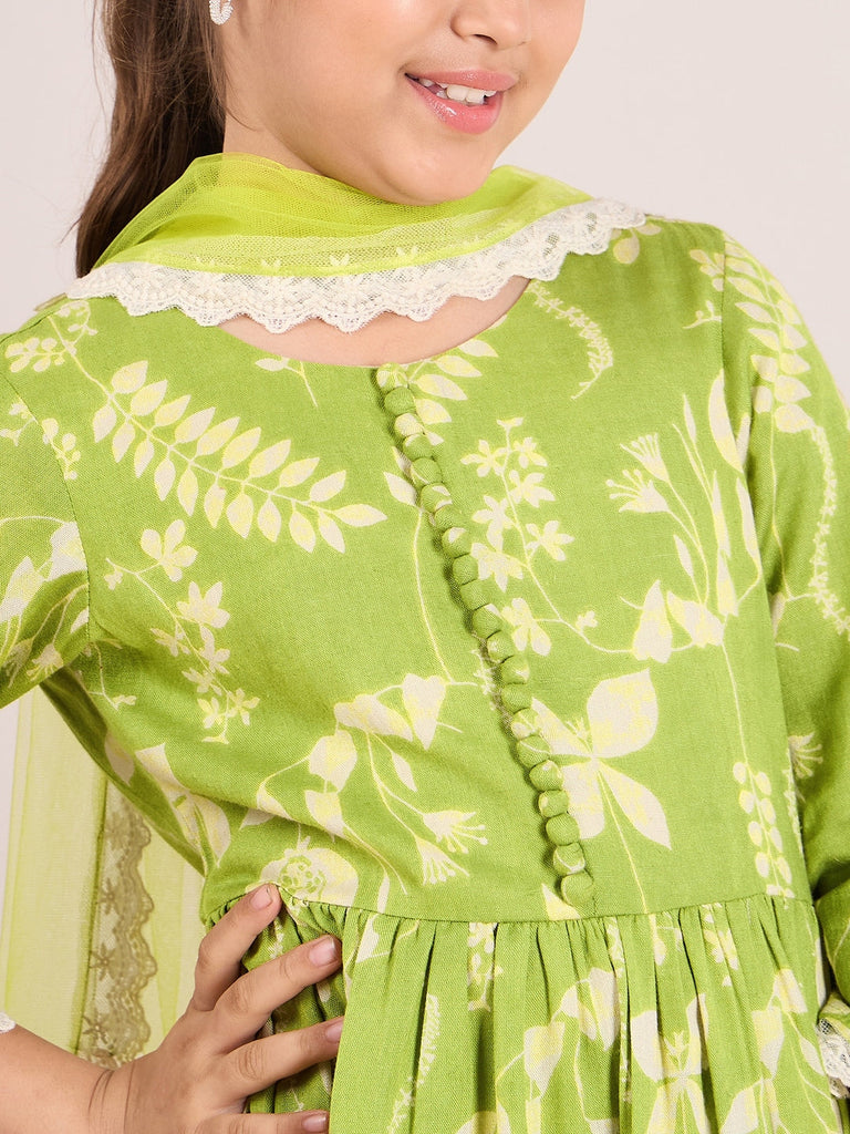 Girls Floral Printed A-Line Empire Kurta with Trousers & Dupatta (KS-GREENSLUBFLORAL)