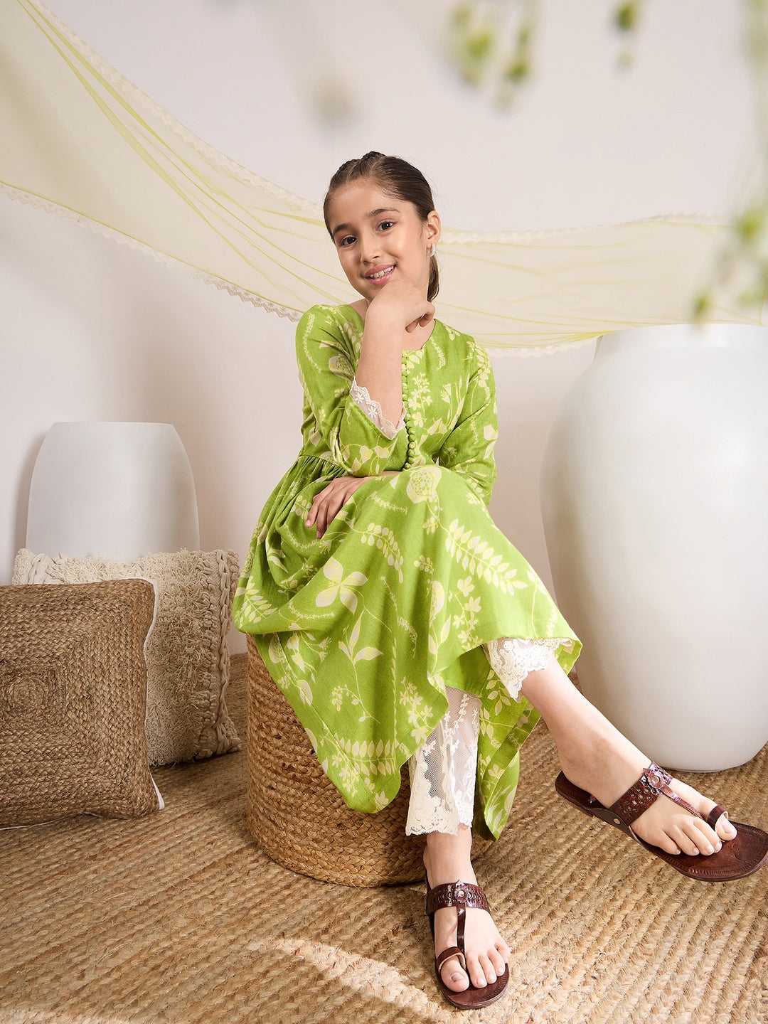 Girls Floral Printed A-Line Empire Kurta with Trousers & Dupatta (KS-GREENSLUBFLORAL)