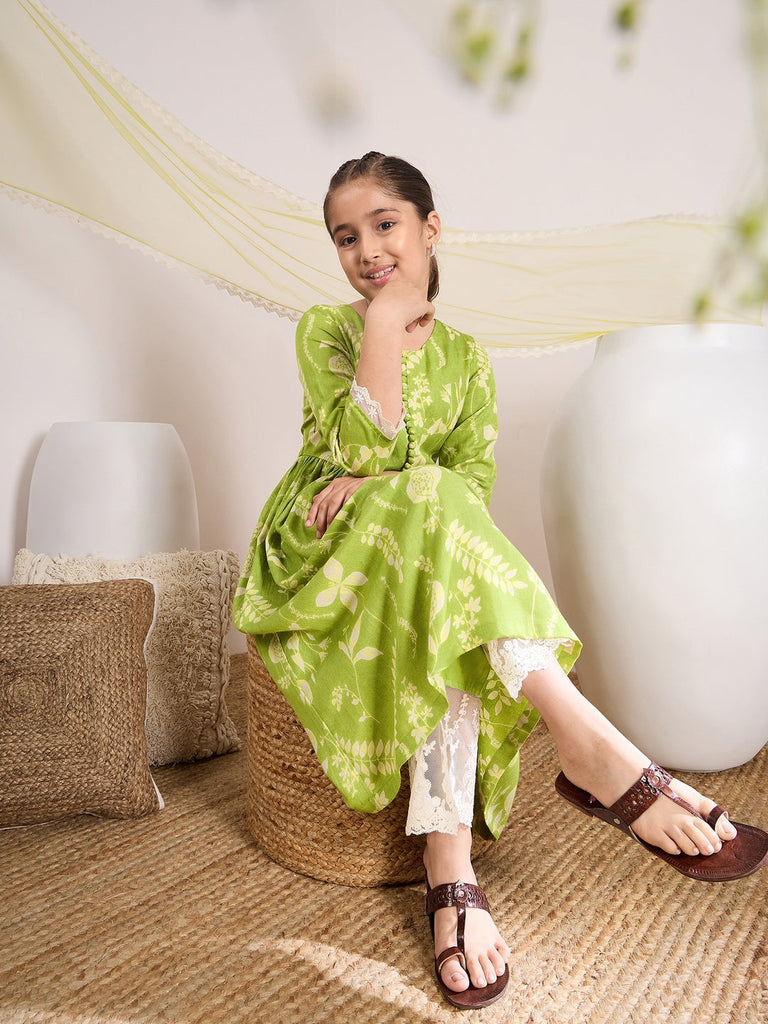 Girls Floral Printed A-Line Empire Kurta with Trousers & Dupatta (KS-GREENSLUBFLORAL)